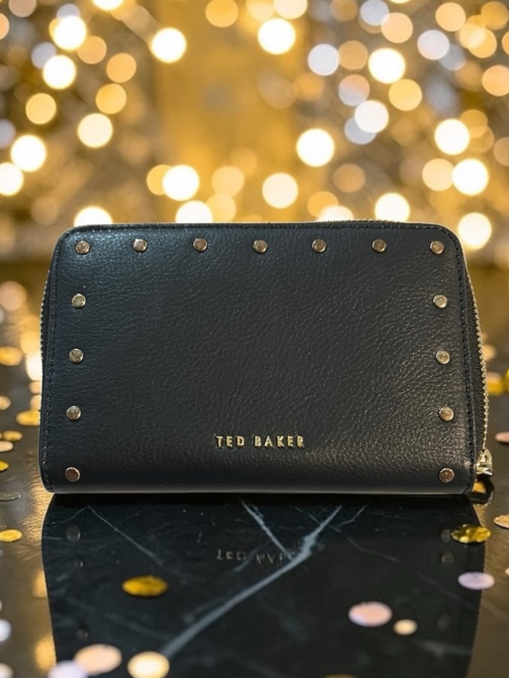 Ted Baker Black Leather Zip Wallet with Gold Studs